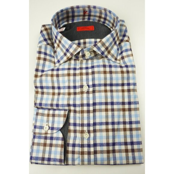 Isaia Napoli Flannel Blue Brown White Plaid Long Sleeve Cotton Shirt 15.5/39 NEW